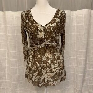 Reba Brown Floral Mesh Ruched Waist V-Neck Top Small 3/4 Sleeve Blouse